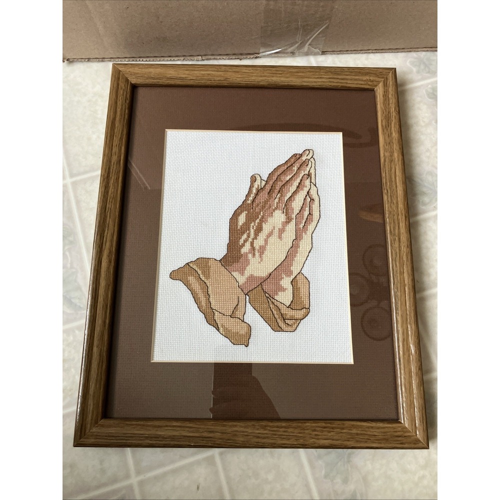 Cross Stitch Praying‎ Hands Matted And Framed 1993 Religious Art 12.5" X 15.5"
